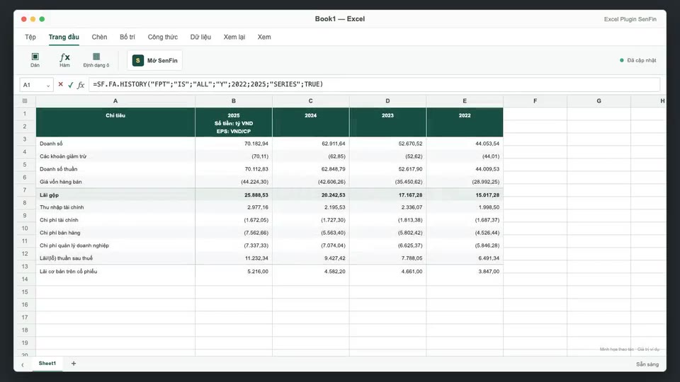 Minh họa SF.FA.HISTORY lấy báo cáo tài chính trong Excel